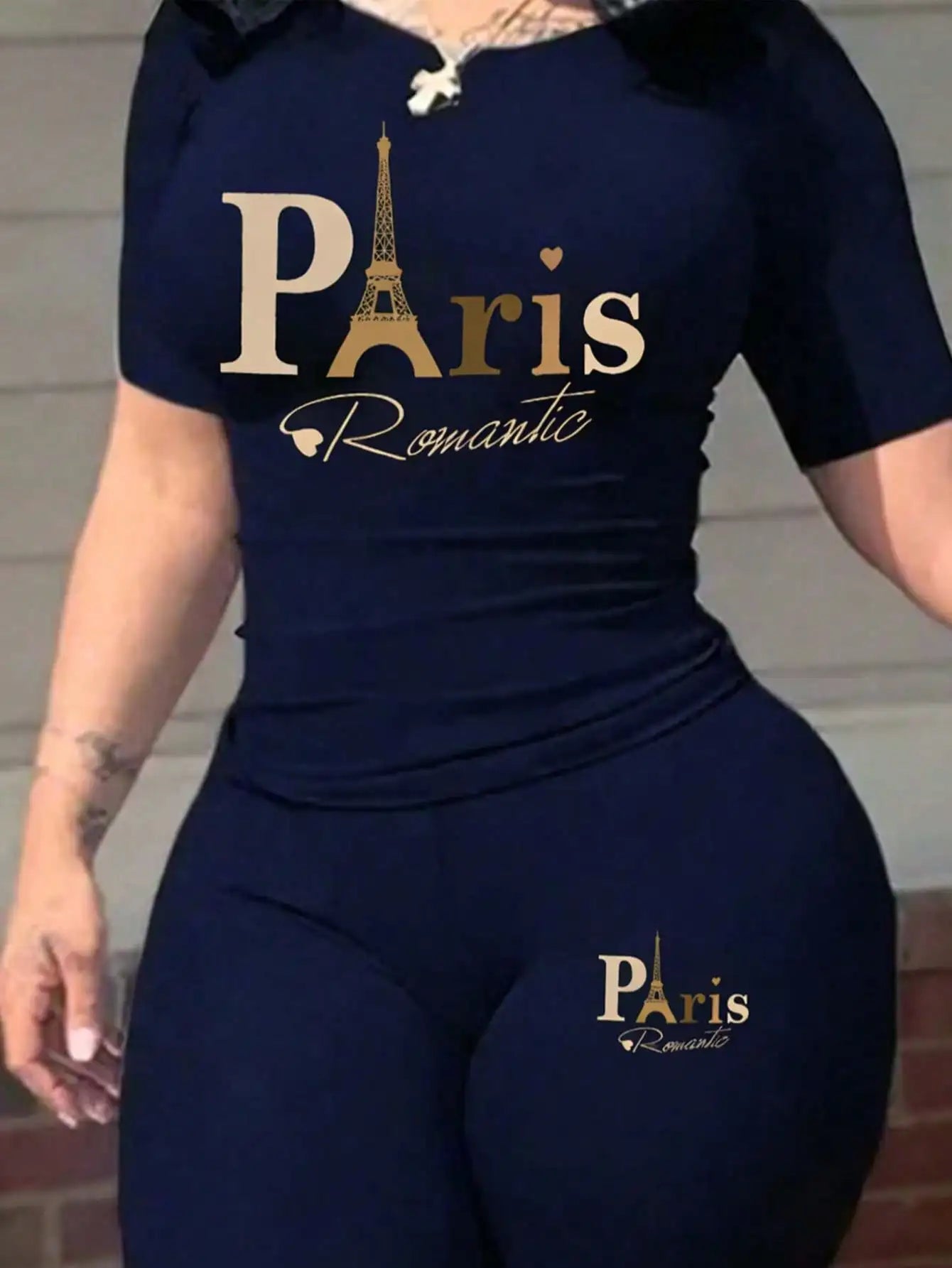 2026 Women's New Paris Printed Two-Piece Set, Casual Short-Sleeved Round Neck T-Shirt and Tight Pants Long Pants Set