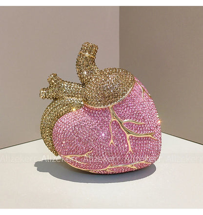 Alizekerr Heart Shaped Diamond Evening Bags Women 2026 Gorgeous Metallic Rhinestone Purses Ladies Unique Handbags Wedding Party