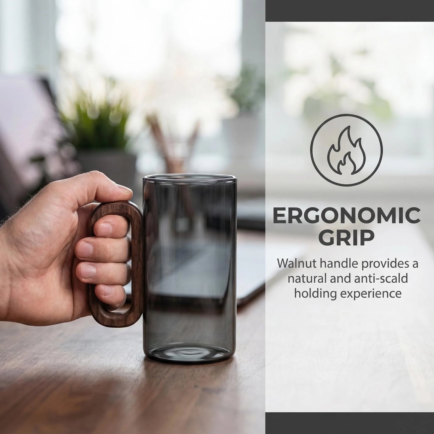 6pcs Borosilicate Glass Coffee Mug with Walnut Handle - 12oz Elegant Black Tumbler for Hot & Cold Drinks, Modern Office Tea Cup, Dishwasher Safe, 2.76" Diameter (360ml)