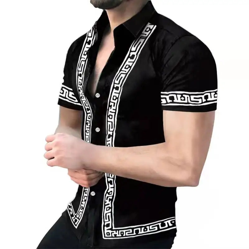 Summer Fashion Men's Casual Oversized Shirts Turn-down Collar Buttoned Shirt Stripe Print Short Sleeve Tops Party Mens Clothing