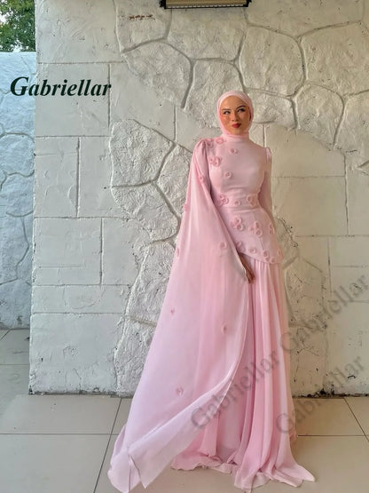 Gabriellar Trendy 3D Appliques Celebrity Dress Kuwait Full Sleeves High Neck Chiffon Formal Party Maxi Gown for Women Customized