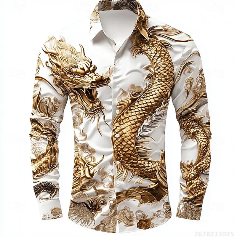 Men's shirt long sleeve shirt Chinese dragon HD pattern 3D printing lapel fashion casual street top, high quality fabric