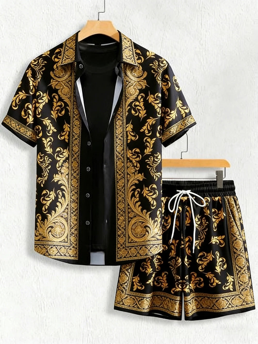 2026 summer new lapel short-sleeved shirt suit Baroque gold 3D printed shirt Hawaiian casual social party men's clothing