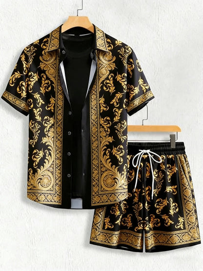 2026 summer new lapel short-sleeved shirt suit Baroque gold 3D printed shirt Hawaiian casual social party men's clothing