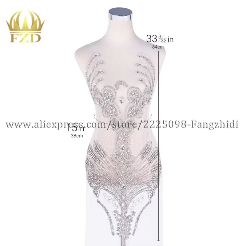 FZD 1 PC Silver Rhinestone Crystal Patches Handmade Gold Crystal Glass Rhinestone Bodice Applique Sew on Wedding Evening Dresses
