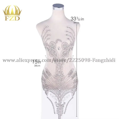 FZD 1 PC Silver Rhinestone Crystal Patches Handmade Gold Crystal Glass Rhinestone Bodice Applique Sew on Wedding Evening Dresses