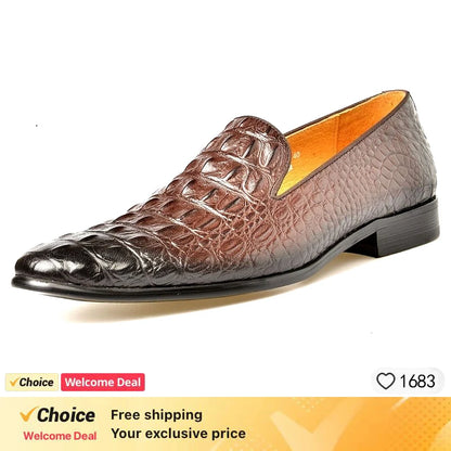 Men's Luxury crocodile pattern leather loafers, handmade business dress shoes, slip-on formal office footwear for men, Brown