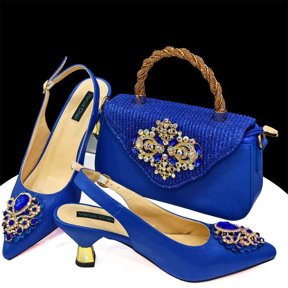 Venus Chan Italian Shoes and Bags Matching Set 2024 Nigeria Elegance Party Rhinestone Pointed Toe Women's Shoes High Heel