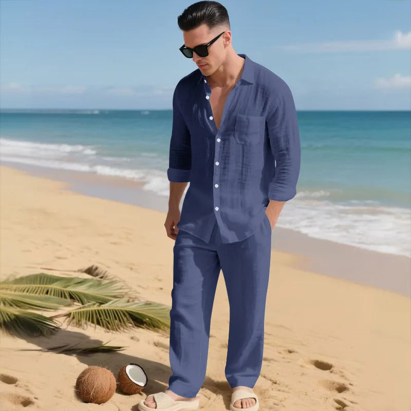 The 2026 Summer Men's linen short-sleeved shirt set is a two-piece long pants set suitable fordaily casual beach vacations 2Pcs