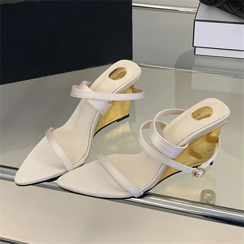 Street Style Design Wedges Heels Women Sandals Buckle Strap Pointed Toe Banquet Shoes Summer Ladies Pumps