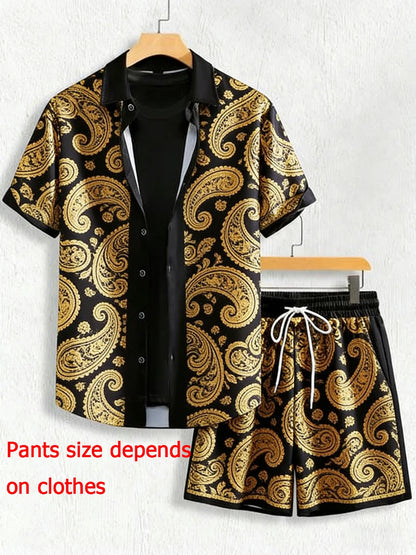 2026 summer new lapel short-sleeved shirt suit Baroque gold 3D printed shirt Hawaiian casual social party men's clothing