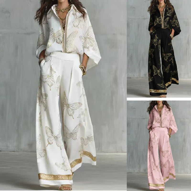 Casual Long Sleeve Pocket Loose 2Pc Sets Lapel Zipper Shirt & Wide Leg Pants Suit Women Fashion Butterfly Print Matching Outfits