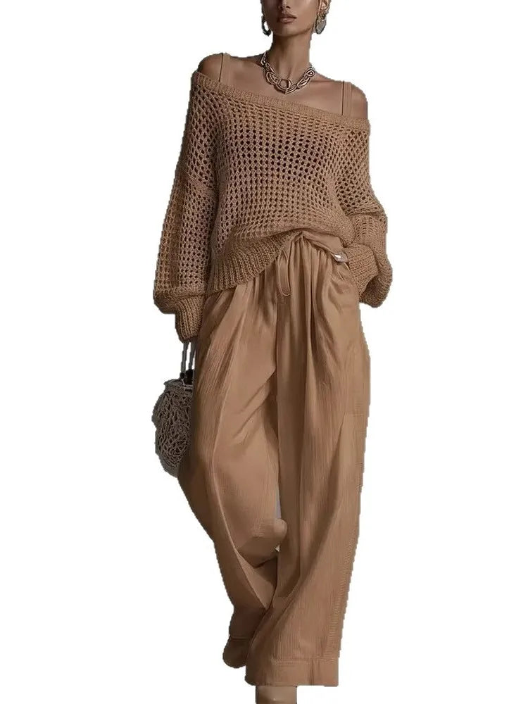 Cotton Casual Pants Sets for Women's Solid Long Sleeve hollow out knit Top Summer Outfit Elastic Waist OL Workwear Wide Leg Suit