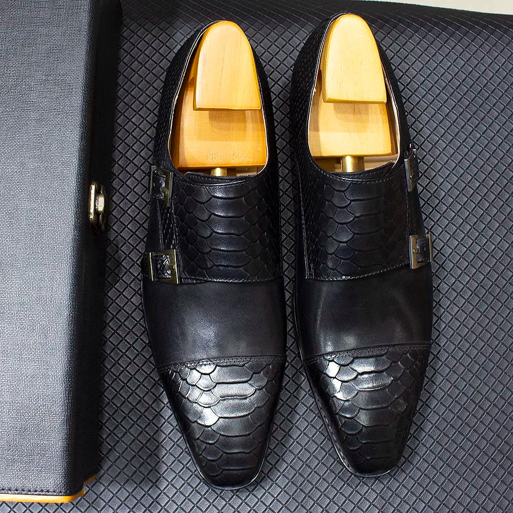 Luxury Double Buckle Monk Strap Men's Dress Shoes Genuine Leather Classic Crocodile Pattern Formal Business Office Footwear