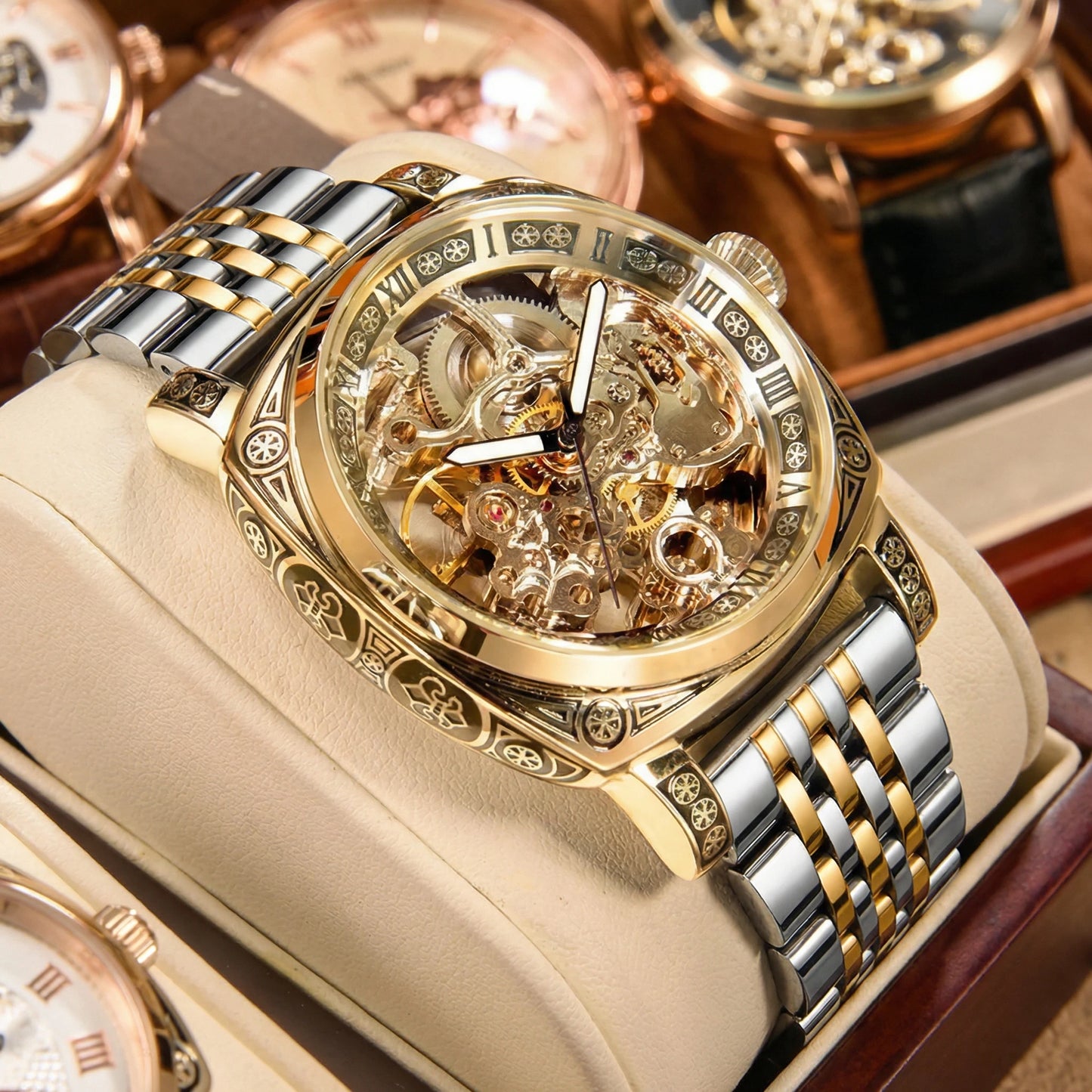A MEN'S Black Zinc Alloy Business Style Luminous Carved Fully Automatic Tourbillon Hollow Mechanical Watch