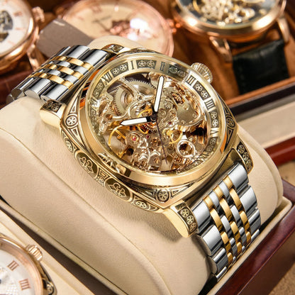 A MEN'S Black Zinc Alloy Business Style Luminous Carved Fully Automatic Tourbillon Hollow Mechanical Watch