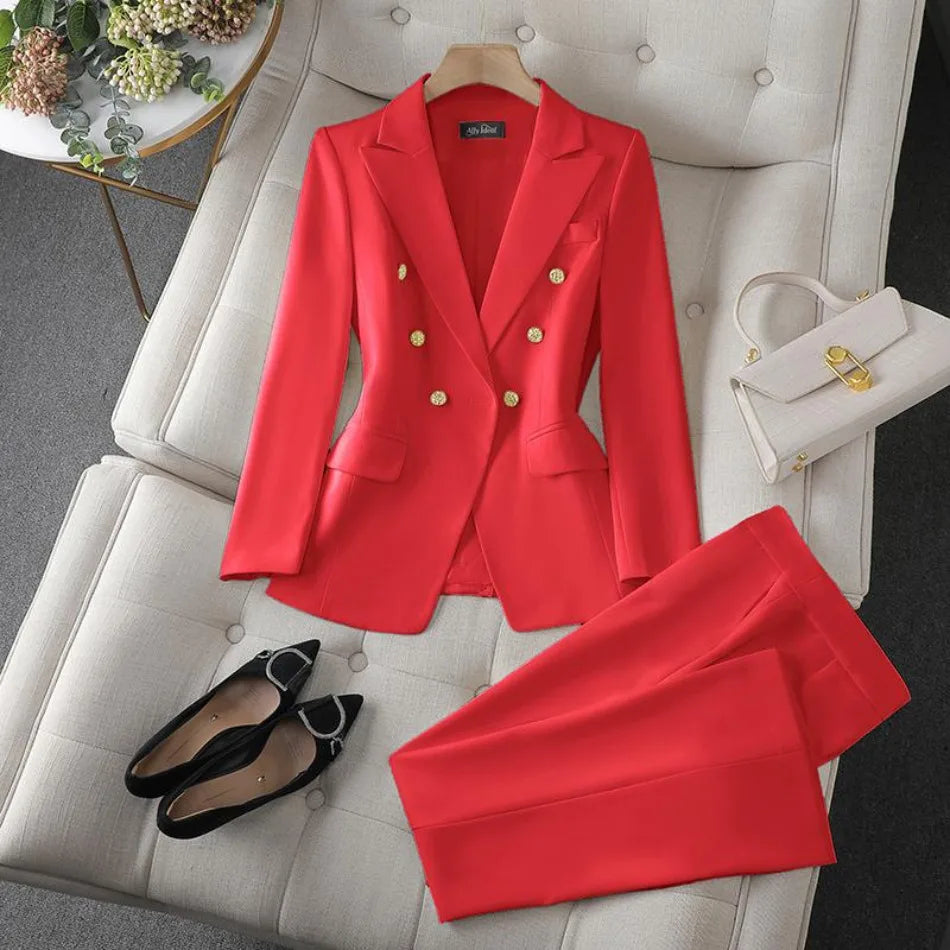 Korean Fashion 2 Piece Set Turn Down Collar Blazers Long Sleeve Slim Fit Pants Women Suits Office Lady Wear Pants Sets for Women