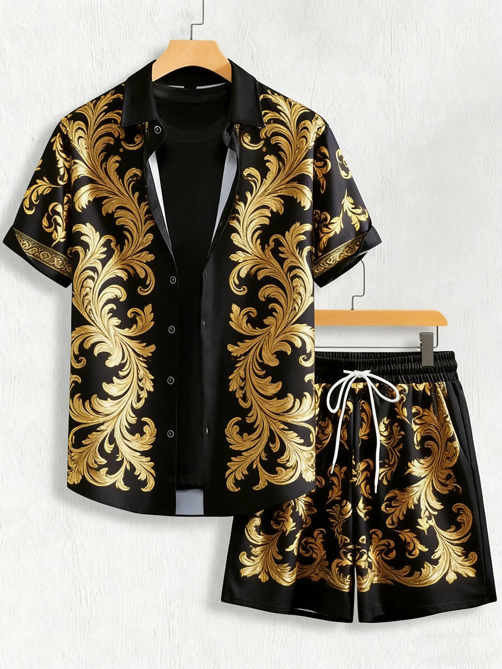 2026 summer new lapel short-sleeved shirt suit Baroque gold 3D printed shirt Hawaiian casual social party men's clothing