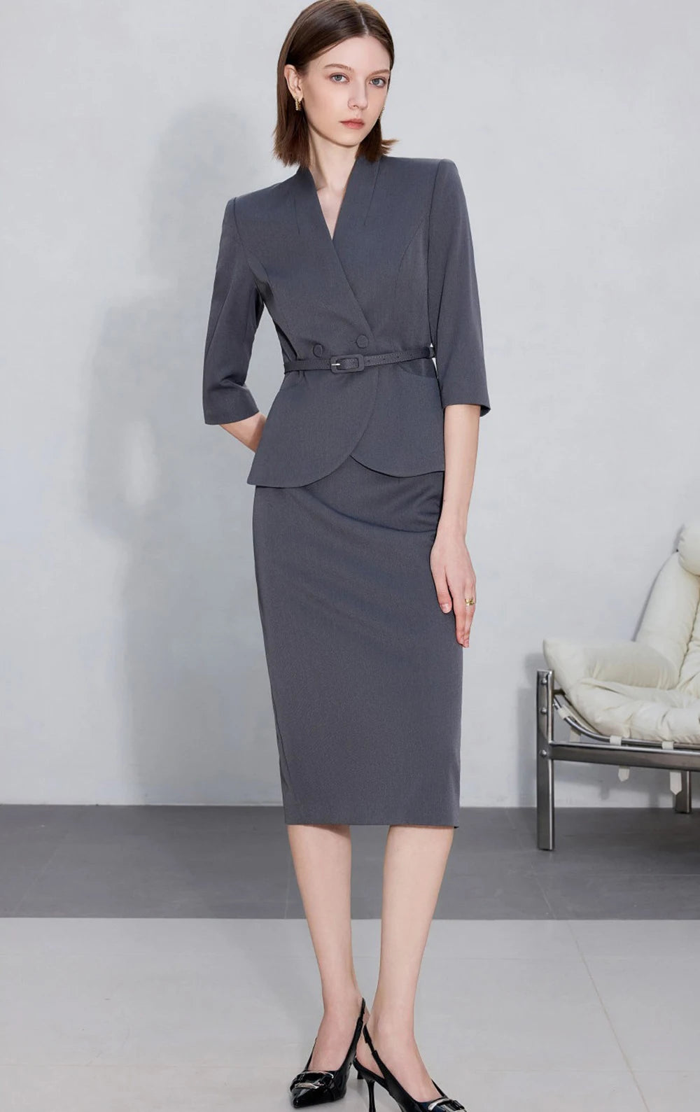 Two-Piece Suit For Women, Navy Blue Luxury Fashion Workplace Two-Piece Skirt Set, Minimalist Elegant Three-Quarter Sleeve Design