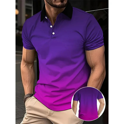 Men's fashion gradient color shirt polo lapel golf shirt short-sleeved printed button clothing, fashionable design, casual and b