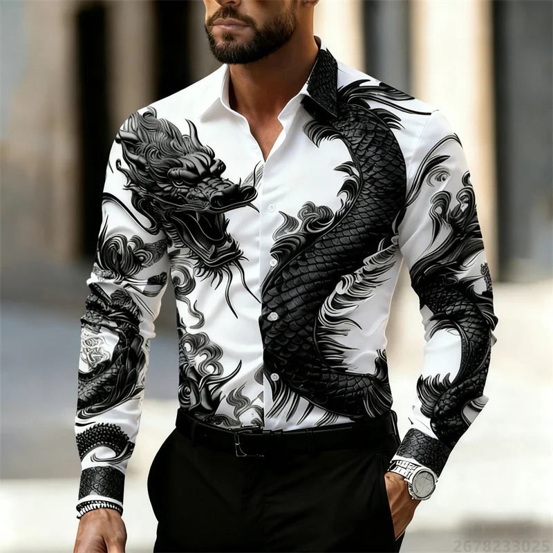 Men's shirt long sleeve shirt Chinese dragon HD pattern 3D printing lapel fashion casual street top, high quality fabric