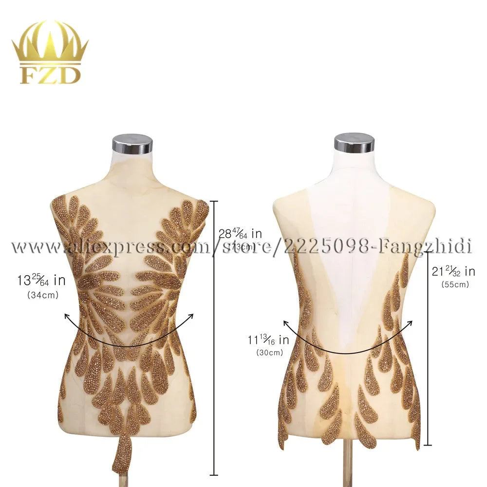 FZD 1 PC Silver Rhinestone Crystal Patches Handmade Gold Crystal Glass Rhinestone Bodice Applique Sew on Wedding Evening Dresses