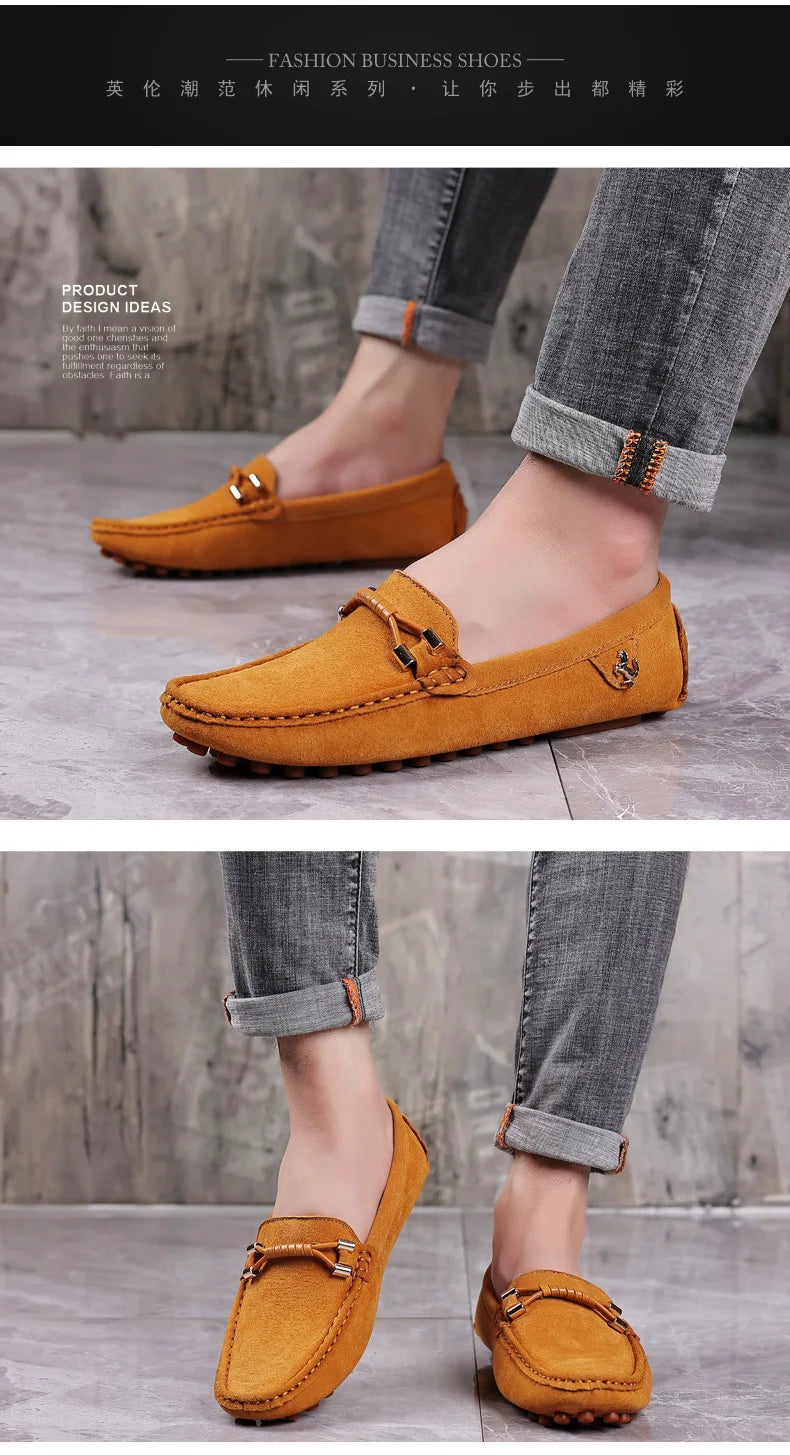 Men Genuine Leather Driving Shoes Metal Buckle Moccasins Slip-On Casual Loafers Men's Comfortable Flats Mocasines