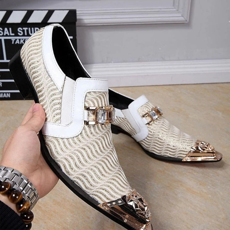 Italian Style Gentleman Dress Shoes Men black Metal Pointed Toe Snake Grain Genuine Leather Shoes Business Party Shoes Men Flat