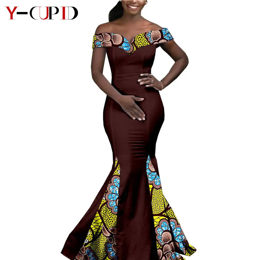 African Couple Matching Clothes for Wedding Women Slim Mermaid Dress Bazin Riche Men Irregular Jacket Pant Sets with Hat Y23C011
