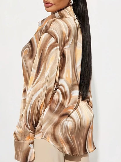 Plus Size Women's Swirl Pattern Button Up Shirt, Long Sleeve Point Collar Loose Fit Blouse