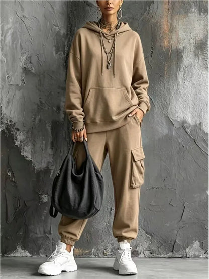 Autumn Winter New Casual Solid Color Hooded Sweatshirt Trousers Set 2026 Fashion Pocket Loose Sports Trousers Female 2 Piece Set
