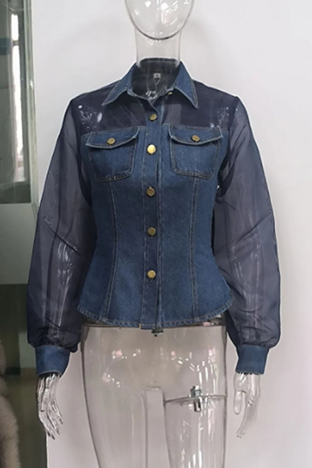 Casual Women's Denim Mesh Puff Sleeve Shirt Blue Jean Button Down Blouse with Pockets Sheer Sleeve Casual Vintage Blouse To