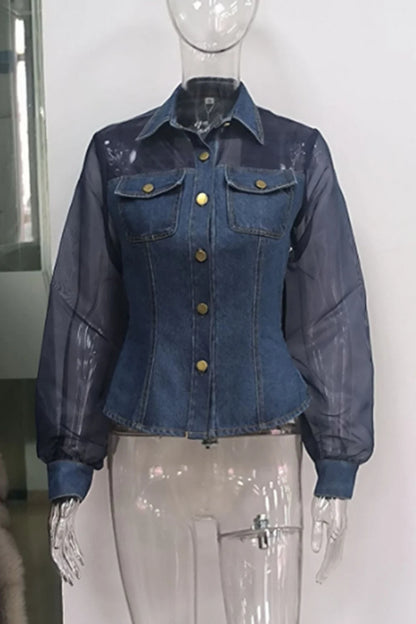 Casual Women's Denim Mesh Puff Sleeve Shirt Blue Jean Button Down Blouse with Pockets Sheer Sleeve Casual Vintage Blouse To