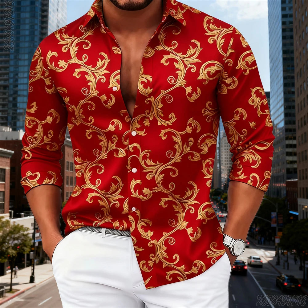 16 Colors Men's Luxury Baroque Gold Pattern Long-Sleeved Shirt Fashionable Retro Print Comfortable Non-Iron Large Size Top