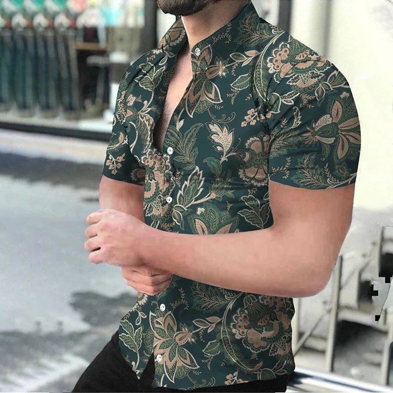 Summer Fashion Men's Casual Oversized Shirts Turn-down Collar Buttoned Shirt Stripe Print Short Sleeve Tops Party Mens Clothing