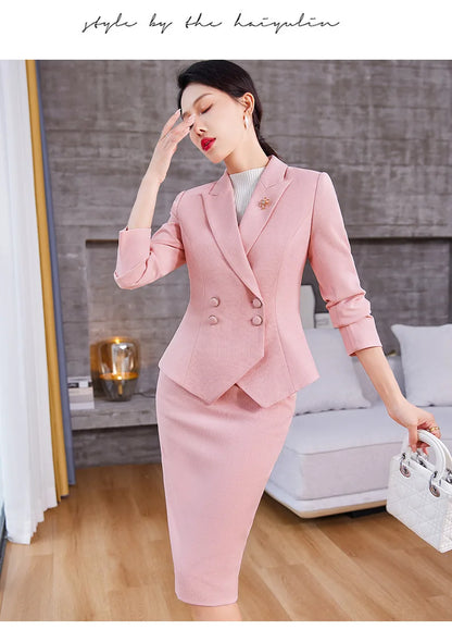 New Arrival Elegant Ladies Formal Skirt Suit Women Orange Blue Pink Long Sleeve Female Blazer Set for Business Work Wear