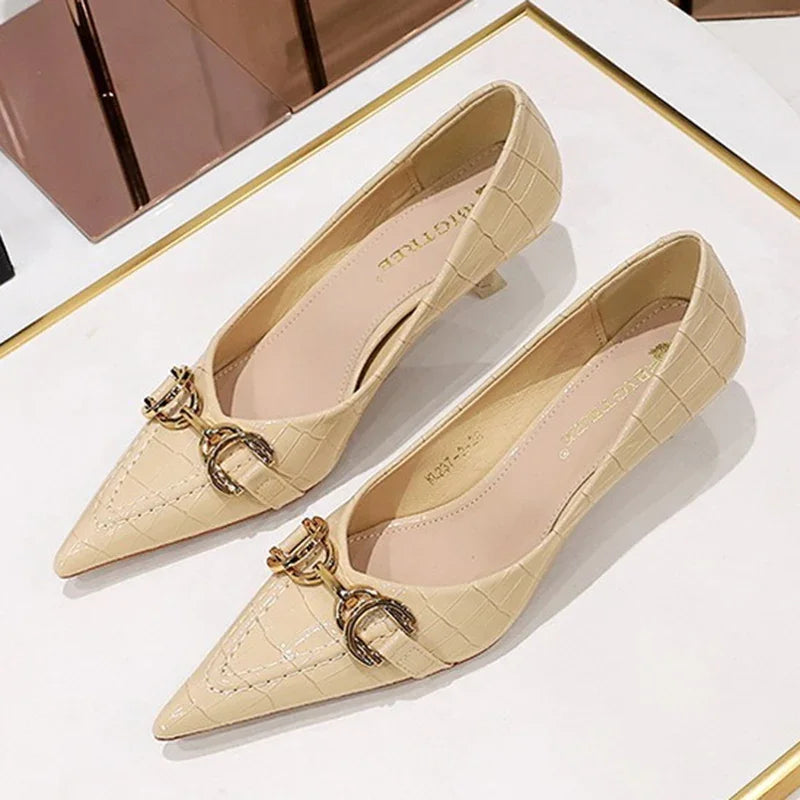 Women 4.5cm High Heels Elegant Patent Leather Pumps Female Sexy Metal Buckle High Heels Lady Fashion Pointed Toe Shallow Shoes