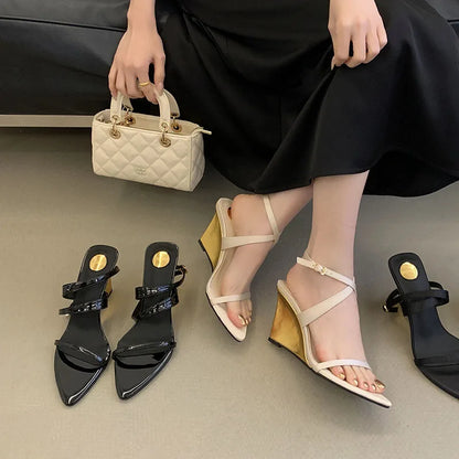 Wedges Sandals High Heels Shoes For Women New In Summer Spring Ankle Strap Luxury Thick Soled Shoes Party Ladies Heeled Sandals