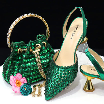 Venus Chan Pointed Toe Heels for Women 2023 Elegant Party Wine Color Full Diamond Pumps Italian Shoes and Bags Matching Set