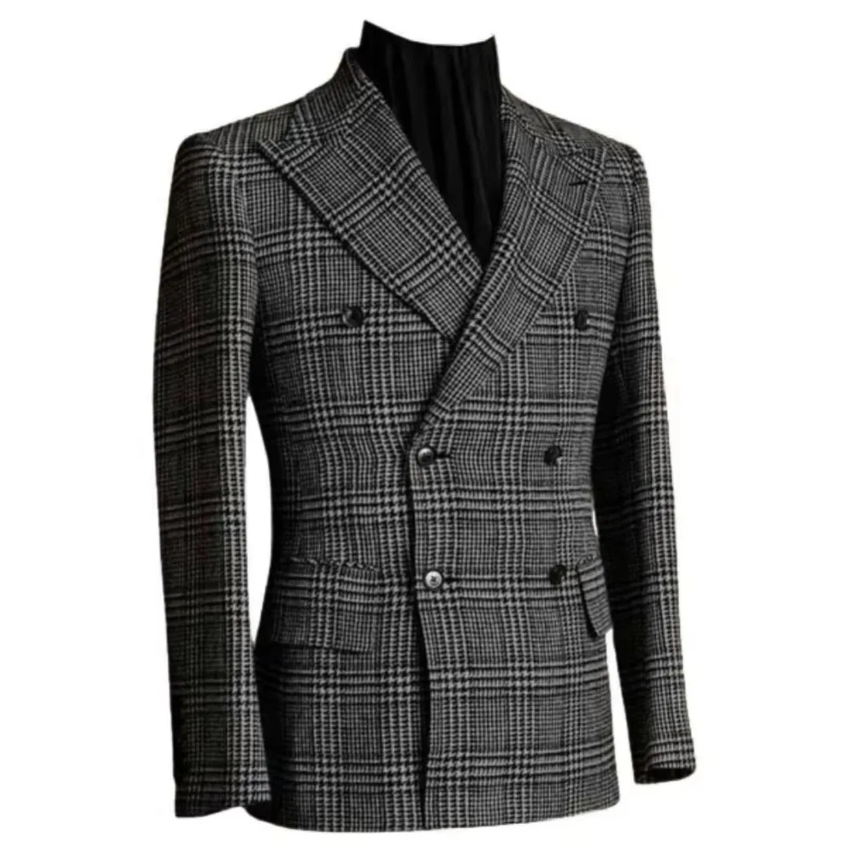Autumn Winter Houndstooth Men's Long Coat Double Breasted Classic Jacket for Wedding Formal Blazers Groom Business Tuxedos