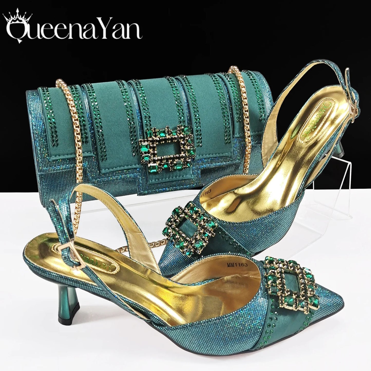 Queena Yan Nigeria Elegant Noble Party Wedding Shoes And Bag Pointed Toe Decorated With Rhinestone Women Heel Shoes