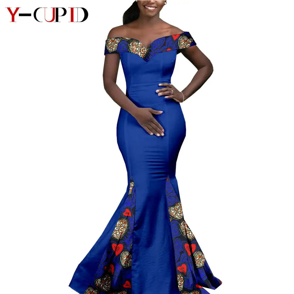 African Couple Matching Clothes for Wedding Women Slim Mermaid Dress Bazin Riche Men Irregular Jacket Pant Sets with Hat Y23C011