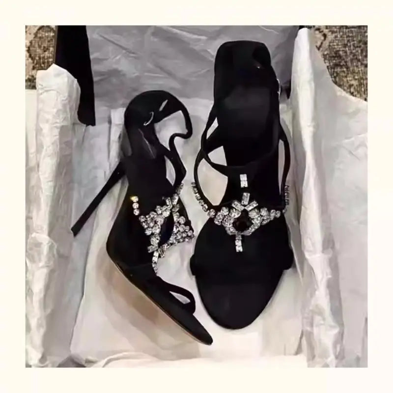 Sexy Rhinestone Stiletto High Heels Open-Toe One-Strap Buckle Sandals Suede Party Women Shoes Sandalias Mujer Verano