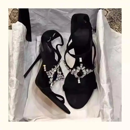 Sexy Rhinestone Stiletto High Heels Open-Toe One-Strap Buckle Sandals Suede Party Women Shoes Sandalias Mujer Verano