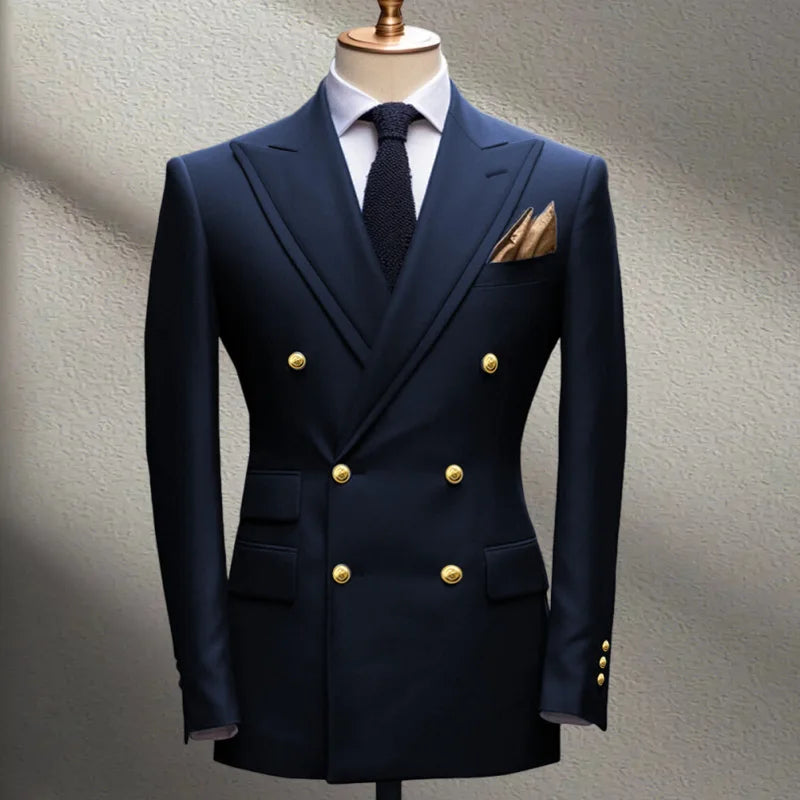 Blue Men's Suit Jacket Slimming Fashion Blazer Double Row Metal Buckle Men's Top Coat for Business Banquet Wedding