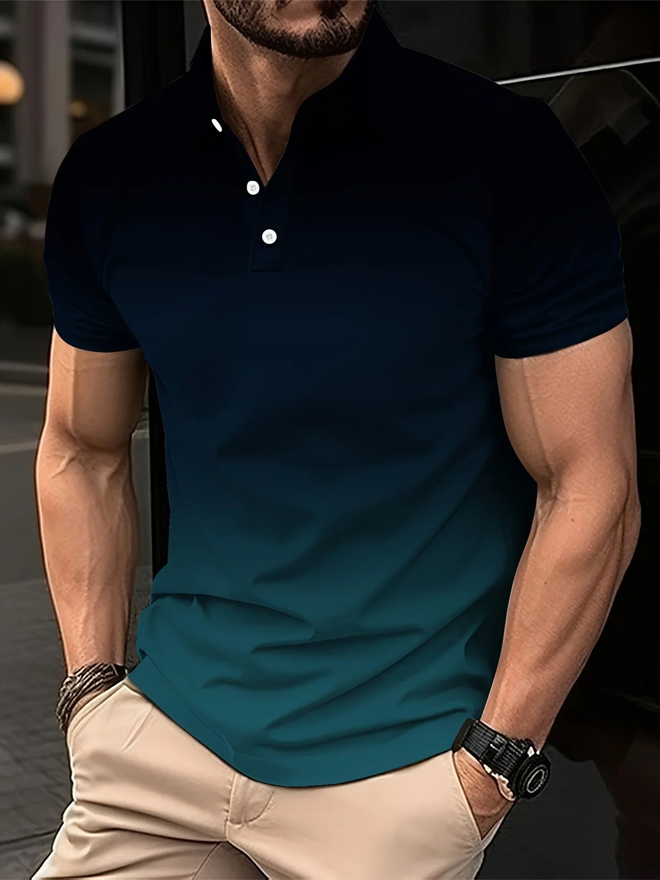 Men's fashion gradient color shirt polo lapel golf shirt short-sleeved printed button clothing, fashionable design, casual and b