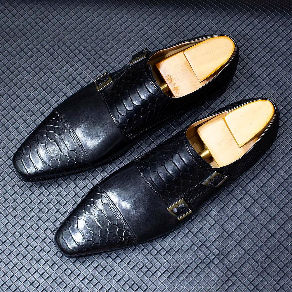 Luxury Double Buckle Monk Strap Men's Dress Shoes Genuine Leather Classic Crocodile Pattern Formal Business Office Footwear