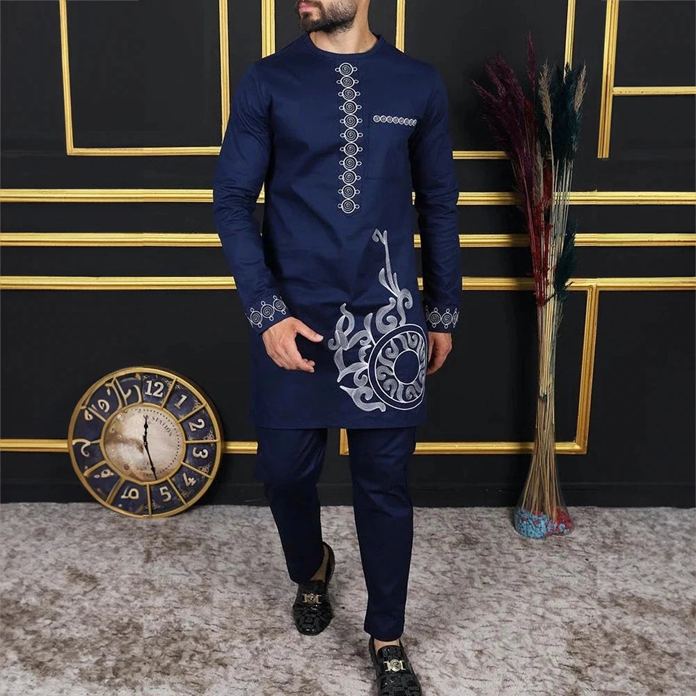 2025 African Sets For Men Autumn Striped Print Casual Dashiki Ethnic Style Long O-Neck Fashion Wedding Two-piece Suit New