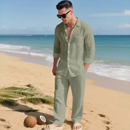 The 2026 Summer Men's linen short-sleeved shirt set is a two-piece long pants set suitable fordaily casual beach vacations 2Pcs