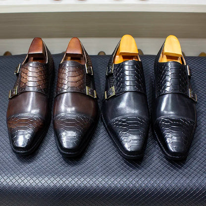 Luxury Double Buckle Monk Strap Men's Dress Shoes Genuine Leather Classic Crocodile Pattern Formal Business Office Footwear